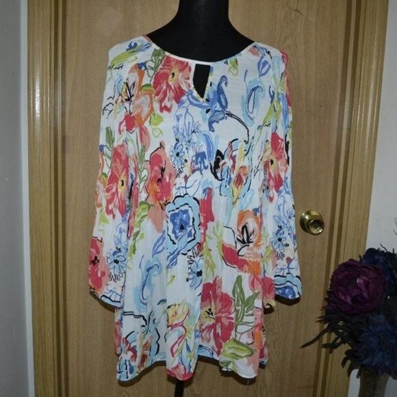 Spence Colorful Floral Print Artsy Vacation White Blouse Top - Picture 2 of 12